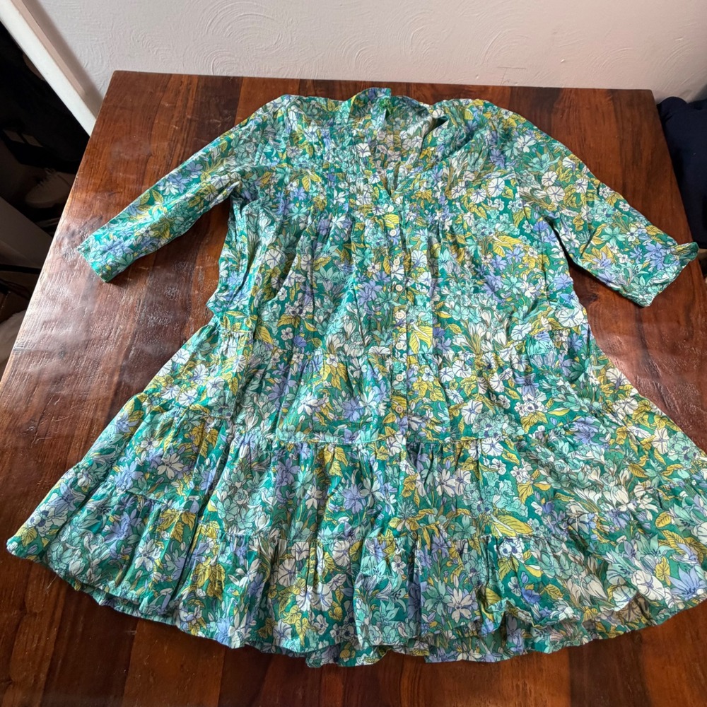 J.Crew Green Blue Floral Tiered Cotton Mini Dress Pintuck Long Sleeve Womens L
